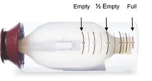 Elastomeric infusion pump with line markings; the bottle is clear with a red lid